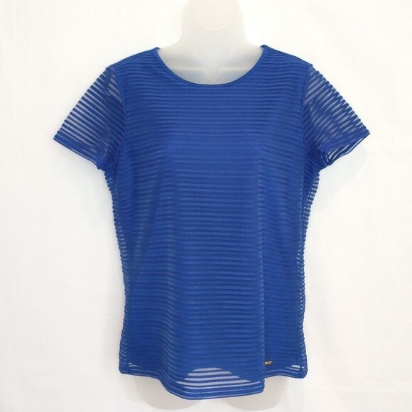 Calvin Klein Blue Striped Textured Blouse Size M Double Layer Stretch Pullover - Picture 2 of 10
